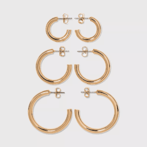 Pipe Hoop Earring Trio Set 3Pc - a New Day™ Gold: Nickel-Free Metal, Post Closure, 0.7" Width, Lightweight Design