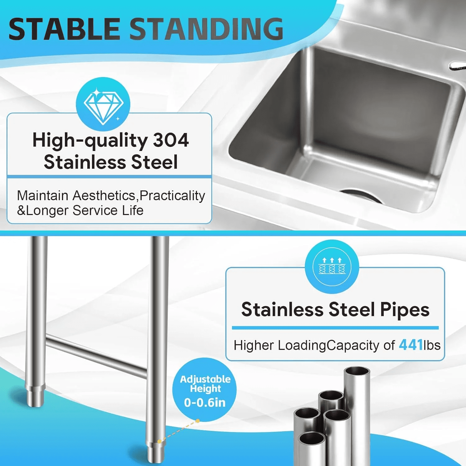 3-Compartment Sink, 39'' X 18'' X 36'' Stainless Steel Utility Sink, Free Standing Three Bowl Kitchen Sink Set with 2 Faucets Hot & Cold Water Pipes for Food Truck, Bar, Restaurant - Image 4