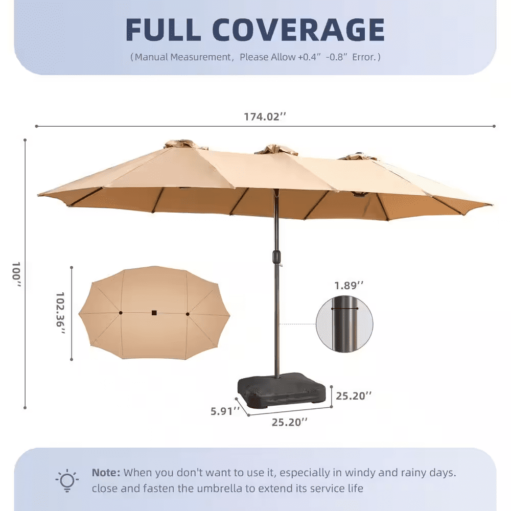 Extra-Large 8.5 X 14.5 Ft. Rectangular Patio Umbrella with Solar Light, Steel Frame, Stand and Sand Bags in Beige - Image 8