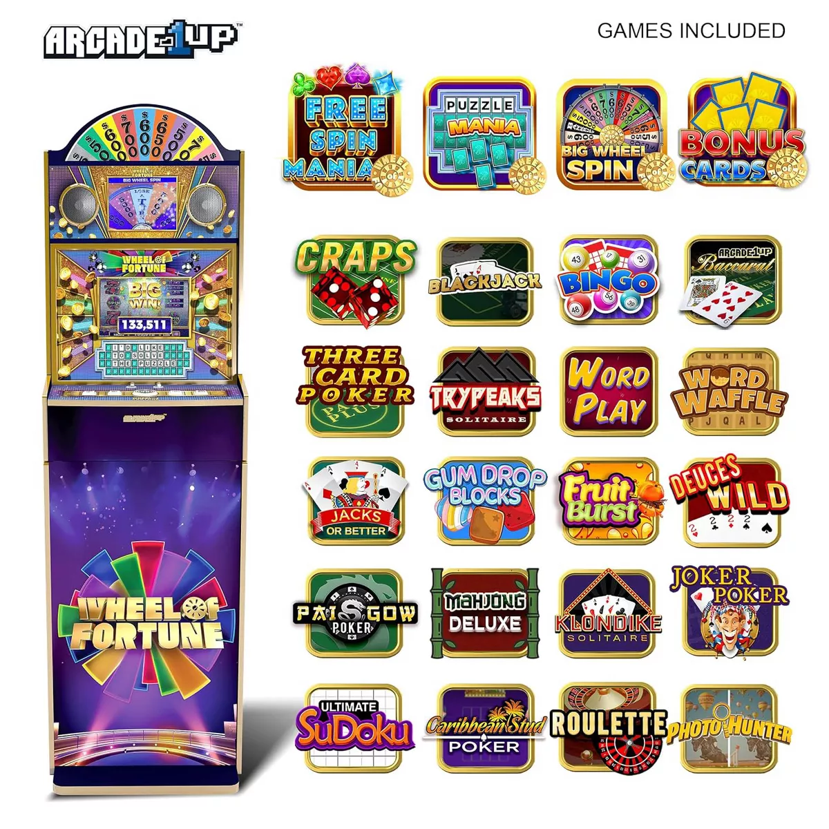 Arcade1Up Wheel of Fortune Casinocade Deluxe Home Arcade Machine, 63.4-Inch Tall - 4 Premium Casino Games, 20 Unlockable Built-In Titles, Dual LCD - Image 3