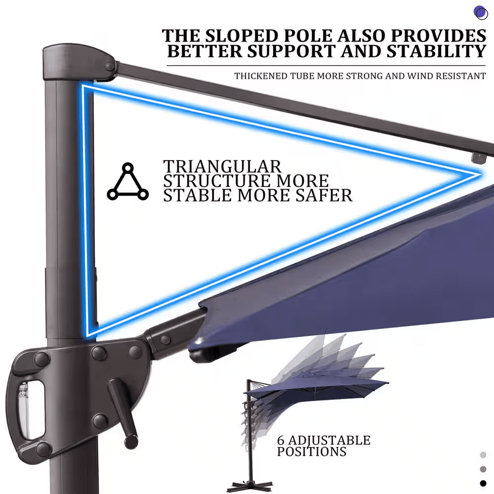 11 Ft. X 9 Ft. Rectangular Aluminum Offset 360° Rotation Cantilever Patio Umbrella in Navy Blue, 260 Lbs. Umbrella Base - Image 3