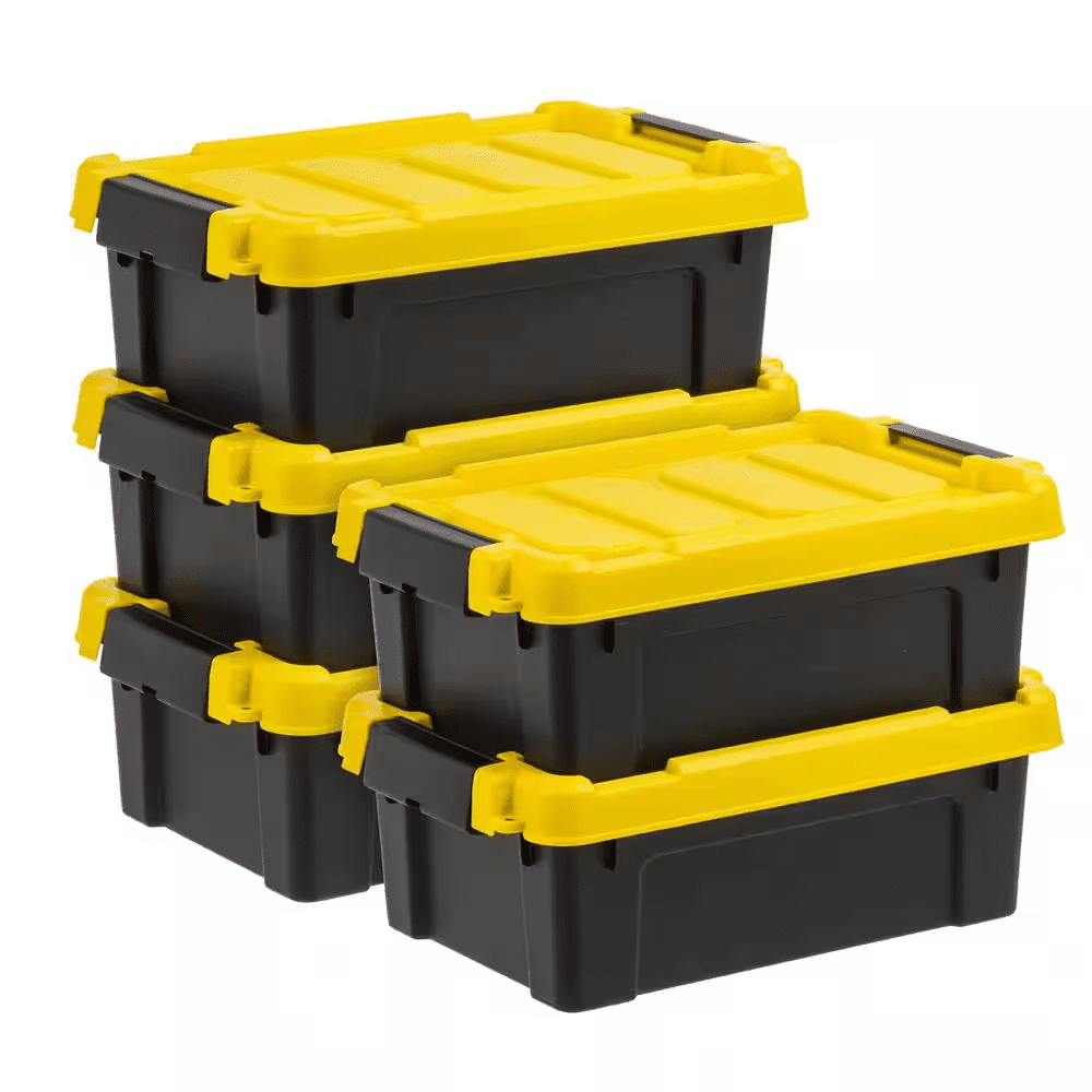 3 Gal. Heavy-Duty Stackable Storage Tote, Black with Yellow Lid (Set of 5)