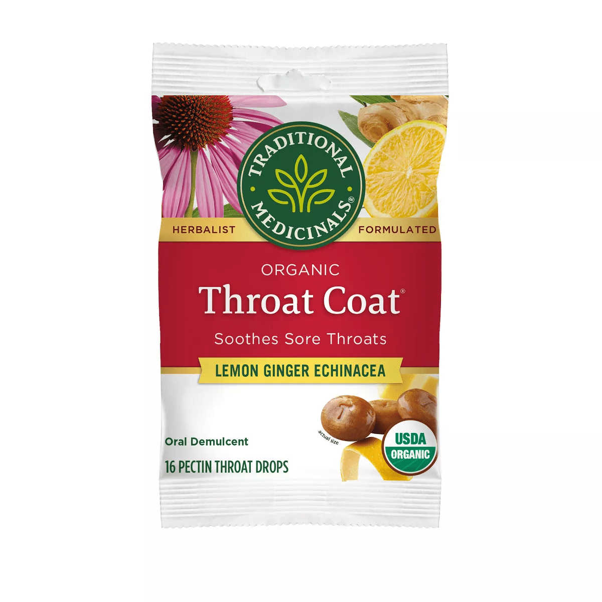 Traditional Medicinals Throat Coat Lemon Ginger Echinacea Lozenges - 16Ct