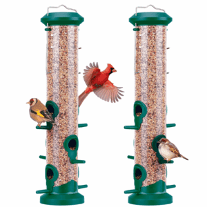 2 Pack Wild Bird Feeders for Outdoors Hanging, Plastic Tube Feeder, 6 Feeding Ports, Green