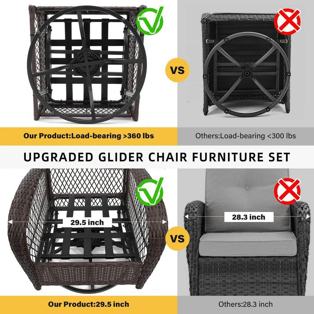 3-Piece Patio Outdoor Brown Wicker Swivel Rocking Chair Set with Side Table and Beige Cushions - Image 6