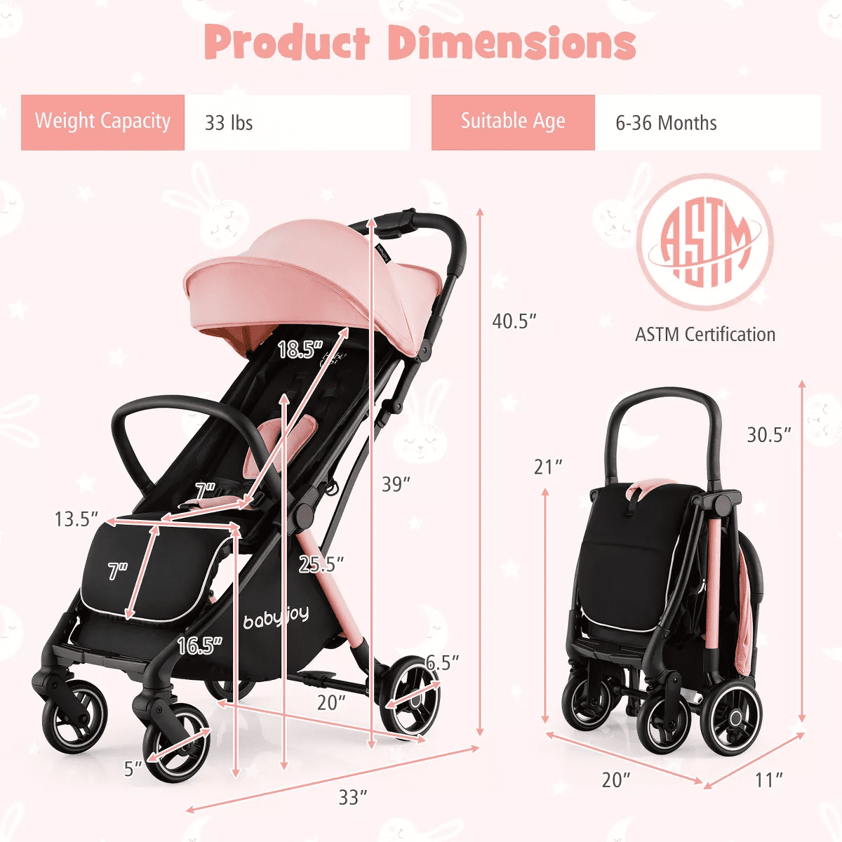 Infans Portable Baby Stroller One-Hand Fold Pushchair W/ Aluminum Frame Pink - Image 2