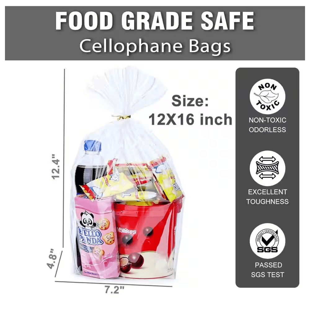 12 X 16 In. Clear Cellophane Gift Wrap Bags with Flat Bottom and Twist Ties for Party Favors and Treats 50-Pack - Image 3