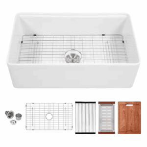 33 In. Farmhouse Single Bowl White Ceramic Kitchen Sink with Workstation