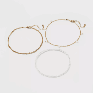 Pearl Drop Beaded Chain Anklet Set 3Pc - a New Day™ Gold: Lobster Claw Clasp, Brass Material, 9.5" Length, Multi-Strand