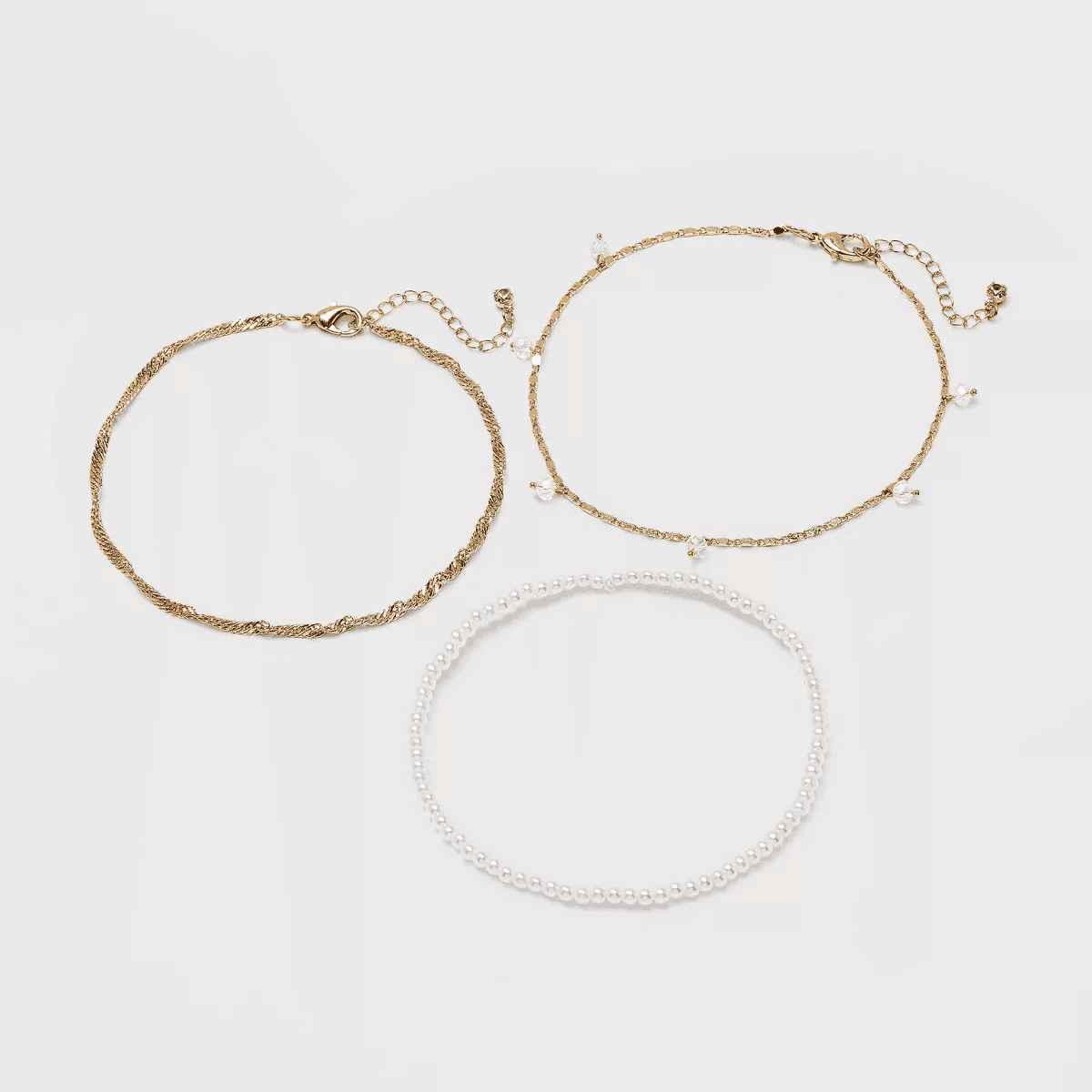 Pearl Drop Beaded Chain Anklet Set 3Pc - a New Day™ Gold: Lobster Claw Clasp, Brass Material, 9.5" Length, Multi-Strand