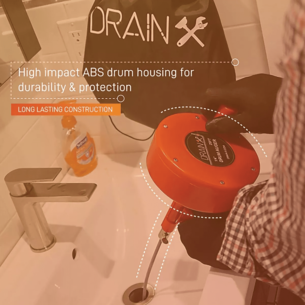 Drainx® Plumbing Snake Drain Auger, 16 Ft. in Orange - Image 3