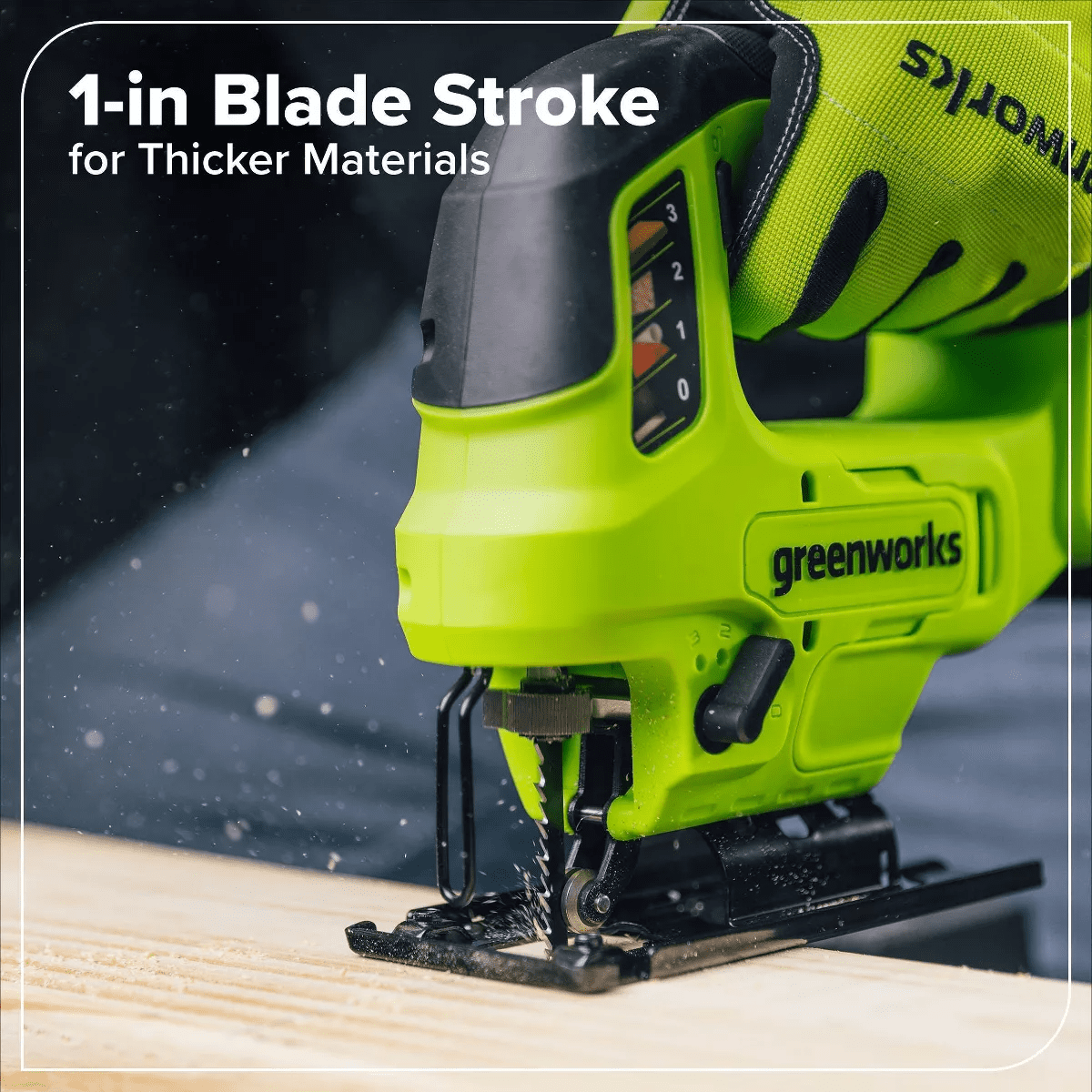 Greenworks POWERALL 24V Cordless Brushless 1'' Jigsaw with 1.5Ah Battery and Charger - Image 4