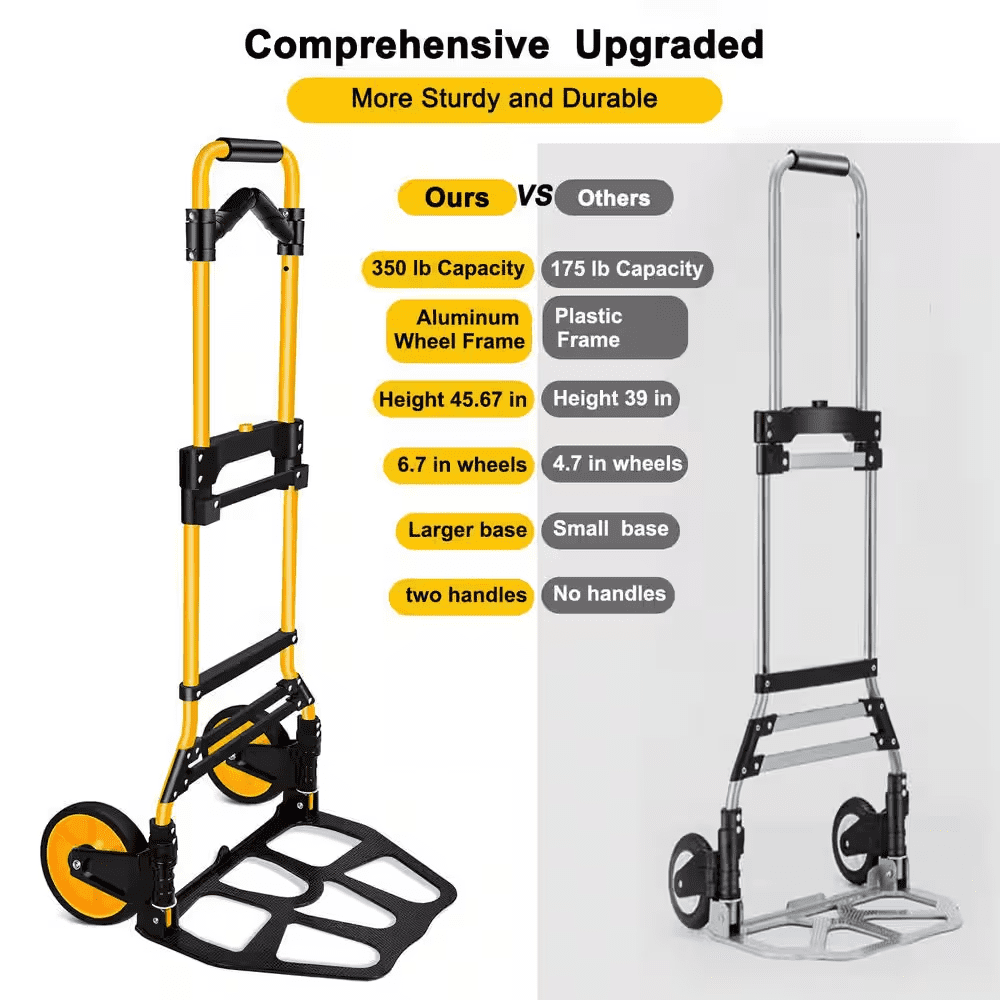 350 Lb. Capacity Folding Hand Truck Dolly, Telescoping Handle and Rubber Wheels for Moving, Shopping, Travel, Office Use - Image 3