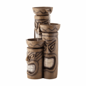 29 In. Tall Outdoor 3-Tier Polynesian Tiki Head Water Fountain, Brown