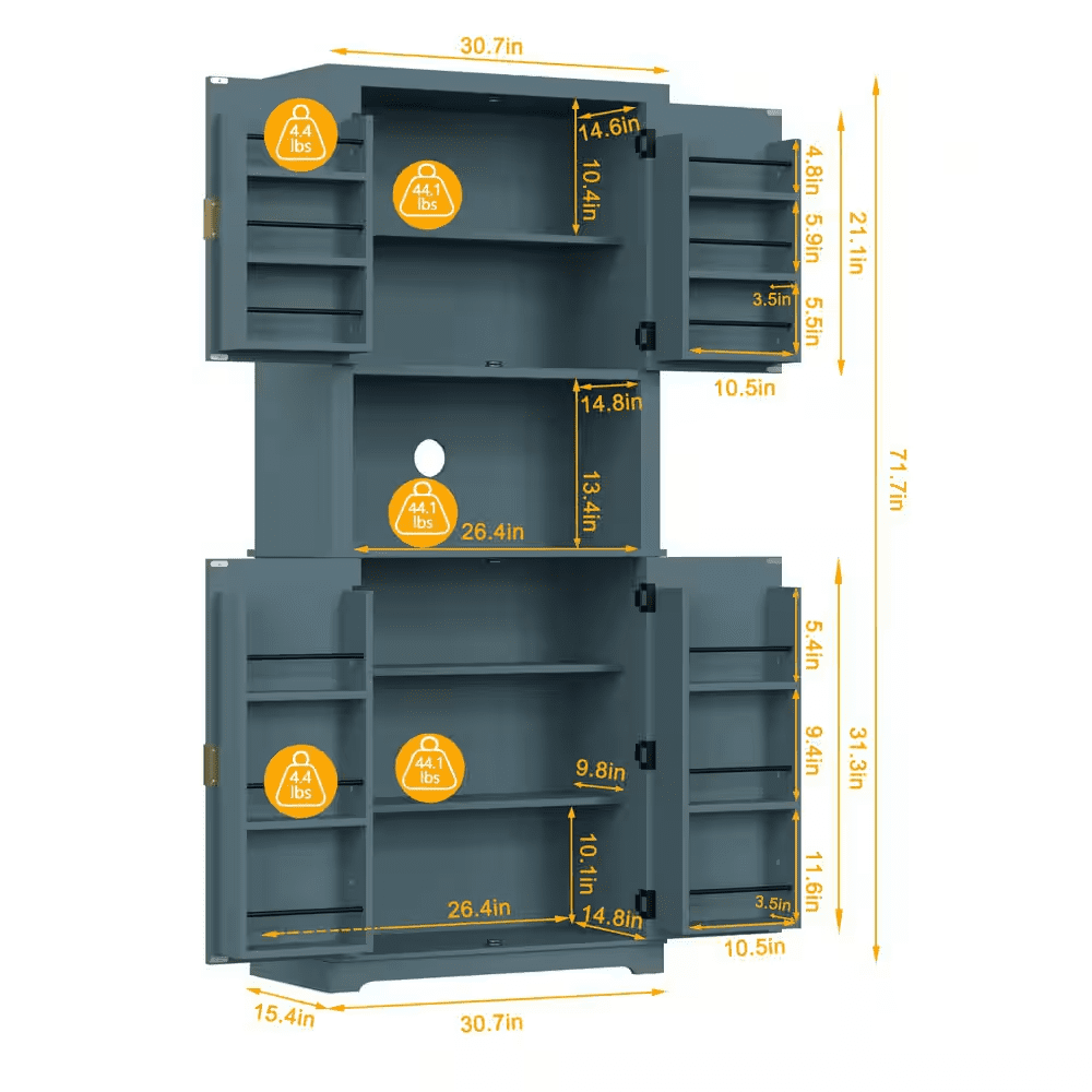30.7 In. W Blue MDF Kitchen Buffet Pantry Storage Cabinet with Adjustable Shelf and Microwave Stand - Image 5