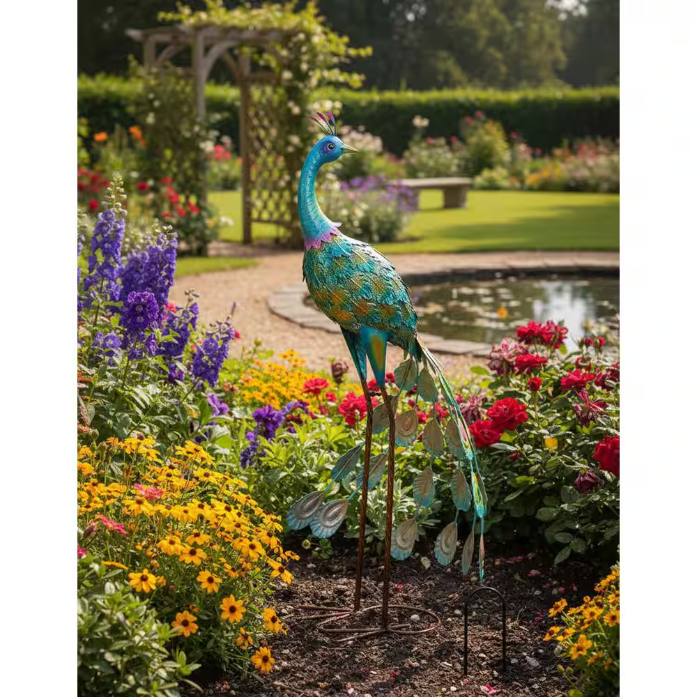 34" Large Metal Standing Peacock Statue - Garden/Patio/Backyard Decor - Image 3