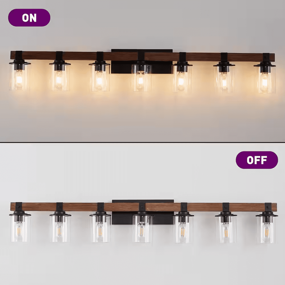 50 In. 7-Light Black and Walnut Industrial Bathroom Vanity Light with Clear Glass Shade - Image 2