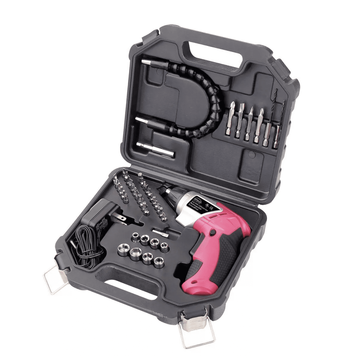 Apollo Tools DT4944P 3.6 Volt Rechargeable Screwdriver with 45Pc Accessory Set Pink: Hand Drill Tool Kit, Lithium Ion Battery
