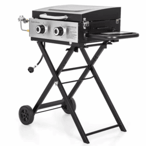 2-Burner Propane Gas Grill Flat Top Griddle with Foldable Cart 2-Type Regulator and Hose in Black