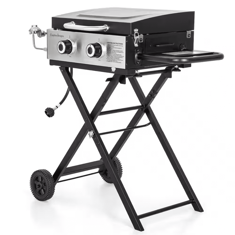 2-Burner Propane Gas Grill Flat Top Griddle with Foldable Cart 2-Type Regulator and Hose in Black