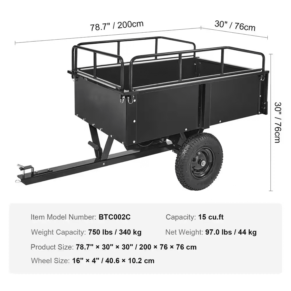 750 Lbs. 15 Cu. Ft. Heavy Duty ATV Trailer Steel Dump Cart Garden Cart Garden Utility Trailer Blade Span - Image 2