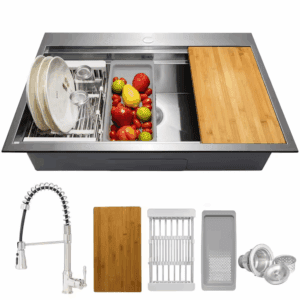 Handmade All-In-One Topmount Stainless Steel 33 In. X 22 In. Single Bowl Kitchen Sink W/ Spring Neck Faucet, Accessory