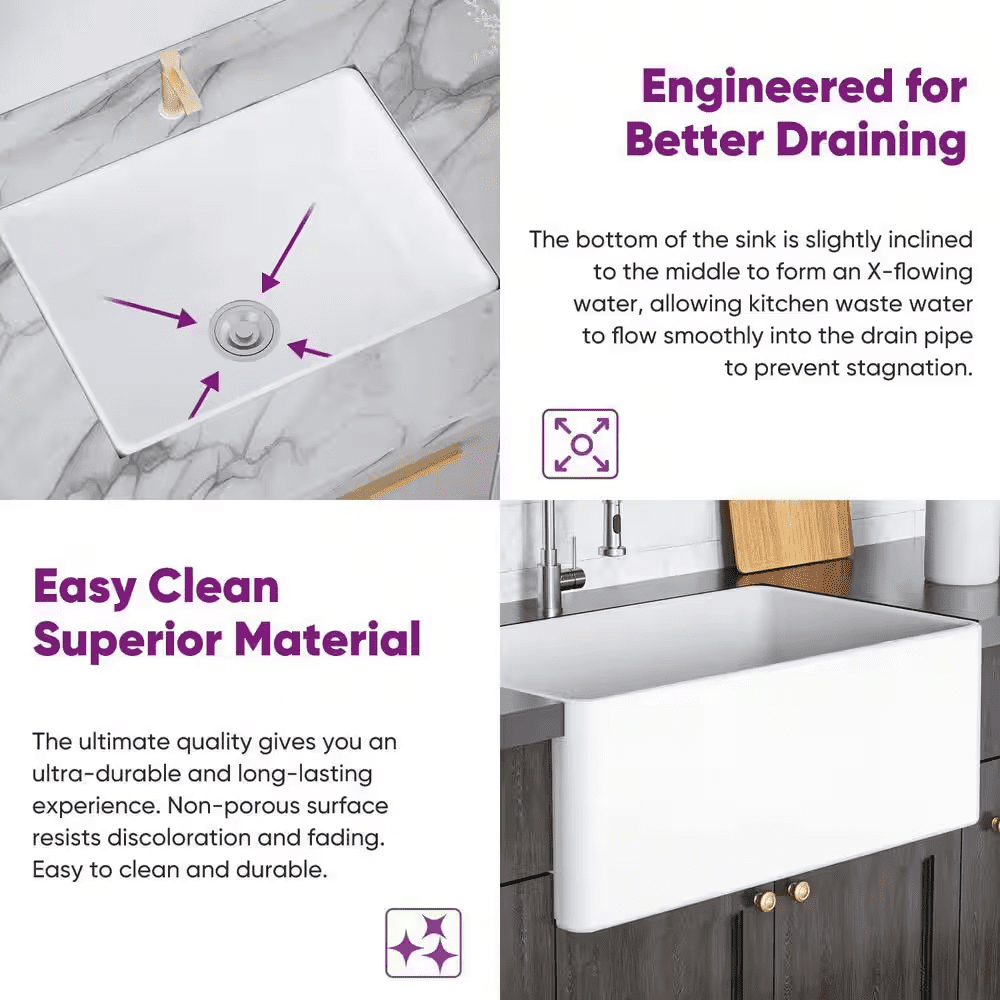 White Fireclay 24 In. L X 18 In. W Single Bowl Farmhouse Apron Kitchen Sink with Grid and Strainer - Image 5