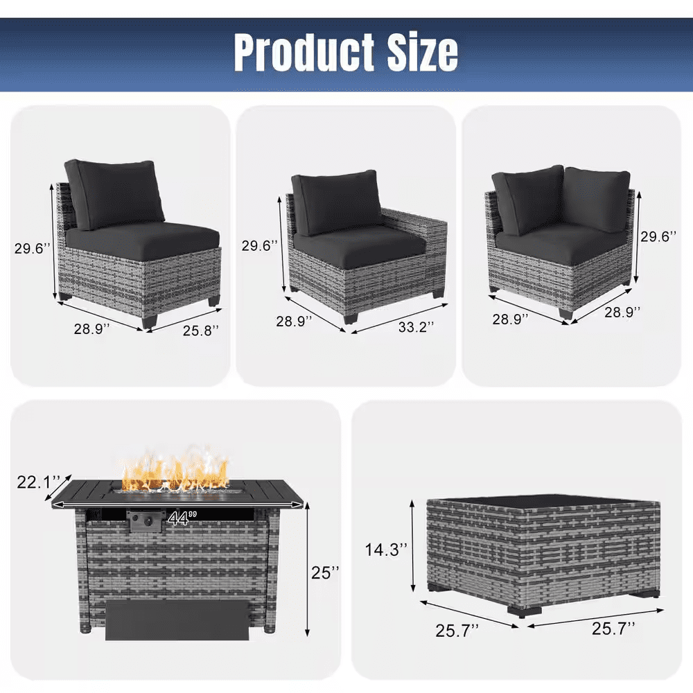 13-Pieces Gray Wicker Patio Conversation Set Wicker Patio Fire Pit Table Sectional Seating Set with Black Cushions - Image 8