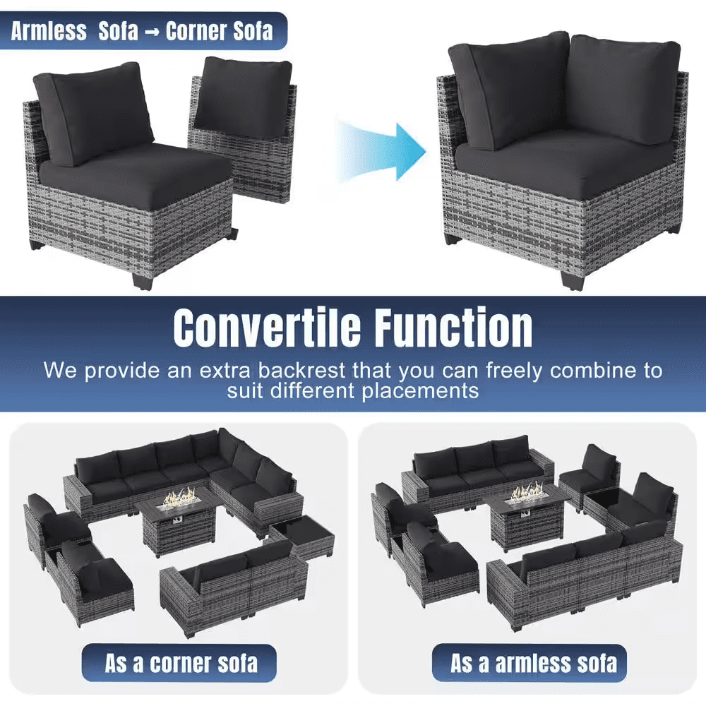 13-Pieces Gray Wicker Patio Conversation Set Wicker Patio Fire Pit Table Sectional Seating Set with Black Cushions - Image 3