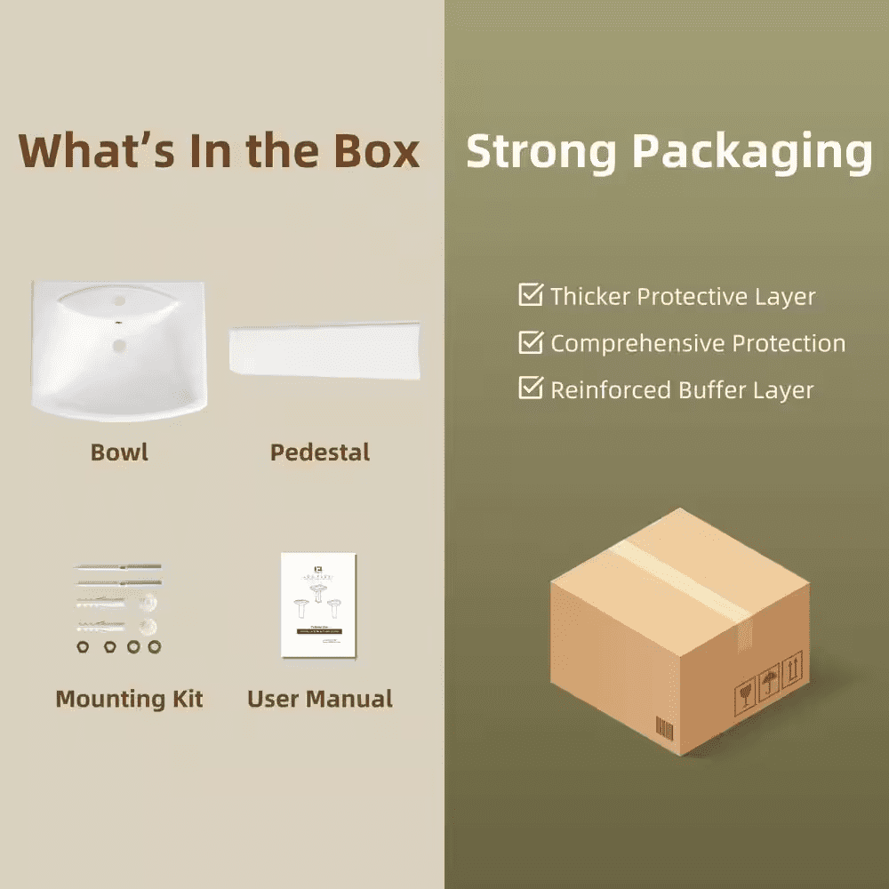 24 W X 19 D In. Pedestal Sink, White Rectangular Ceramic Freestanding Sink with Overflow and 1 Pre-Drilled Faucet Hole - Image 6