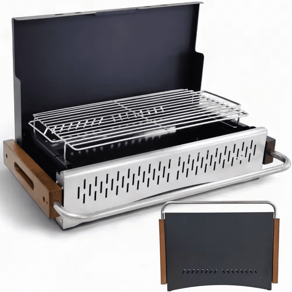 XL Portable Charcoal Grill Foldable Briefcase in Black with Foldable with Lid