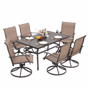 Brown 7-Piece Steel Sling Outdoor Patio Dining Set with Rectangular Table and Swivel Dining Chairs