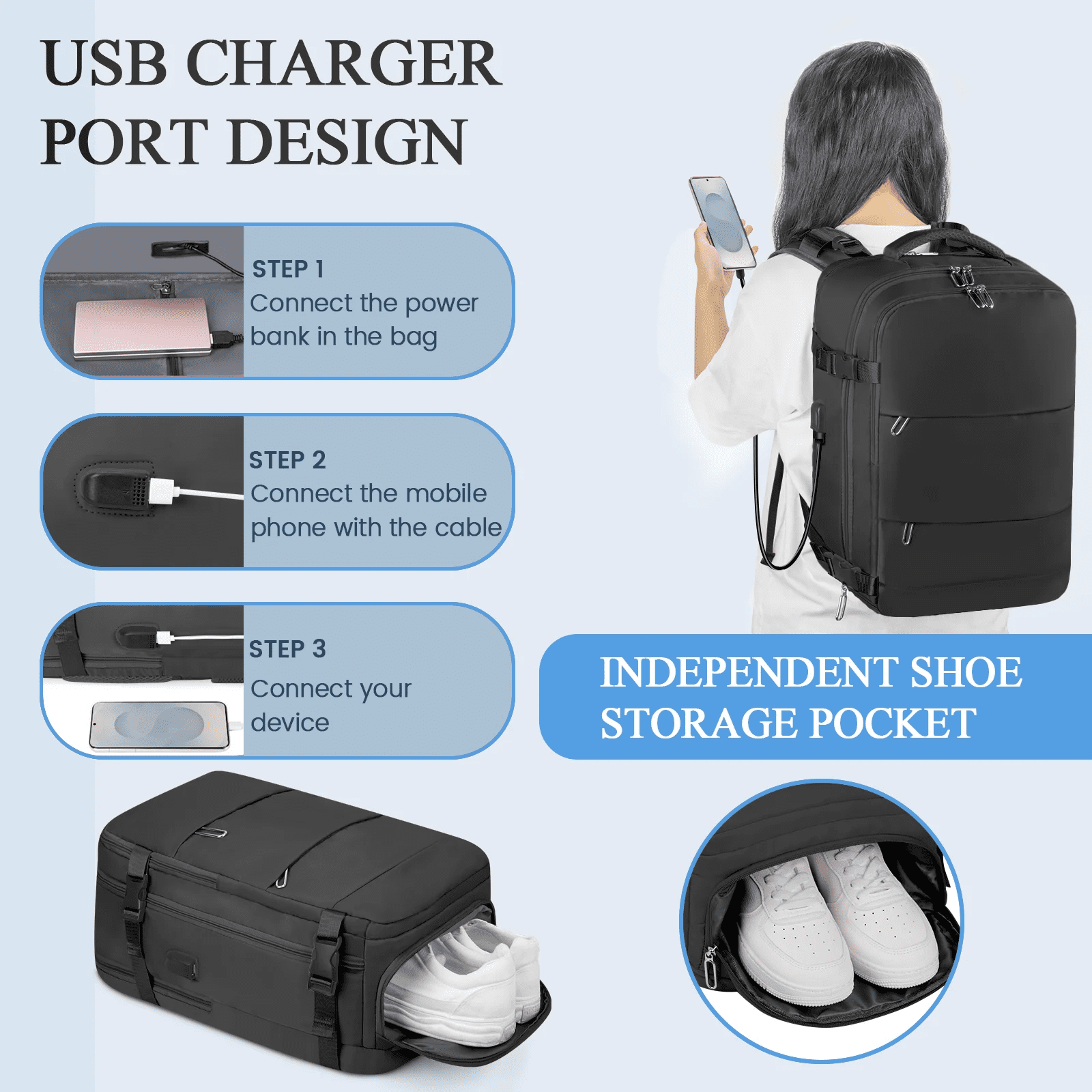 Travel Backpack for Women with USB Charging Port, Tsa-Approved Laptop Backpack, Lightweight Carry on Backpack Fit 15.6” Laptop for Weekend Trips, Business Travel & Hiking, Black - Image 6