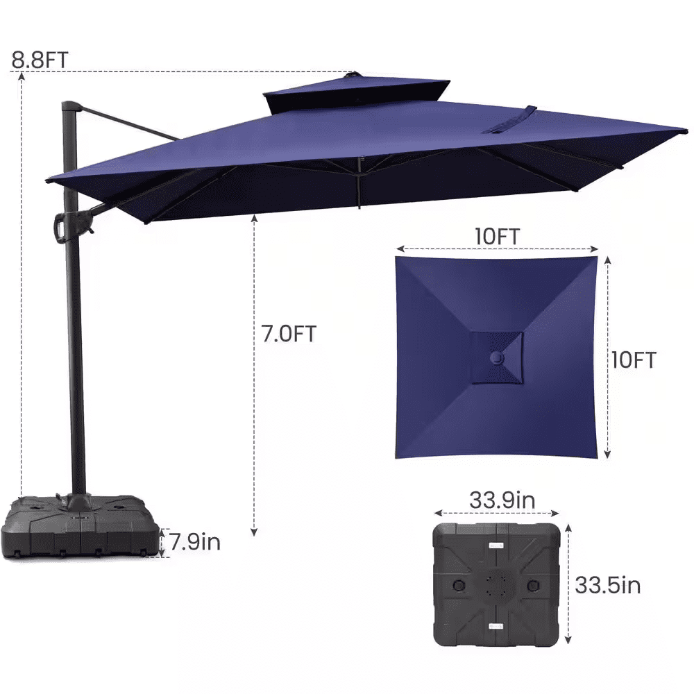 10 Ft. X 10 Ft. Double Top Cantilever Patio Umbrella in Navy Blue with 260 Lbs. Base Stand - Image 7