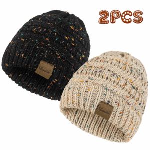 2 Pack Womens Hats Thick Fleece Winter Beanie Hats for Women Mixed Black and Beige