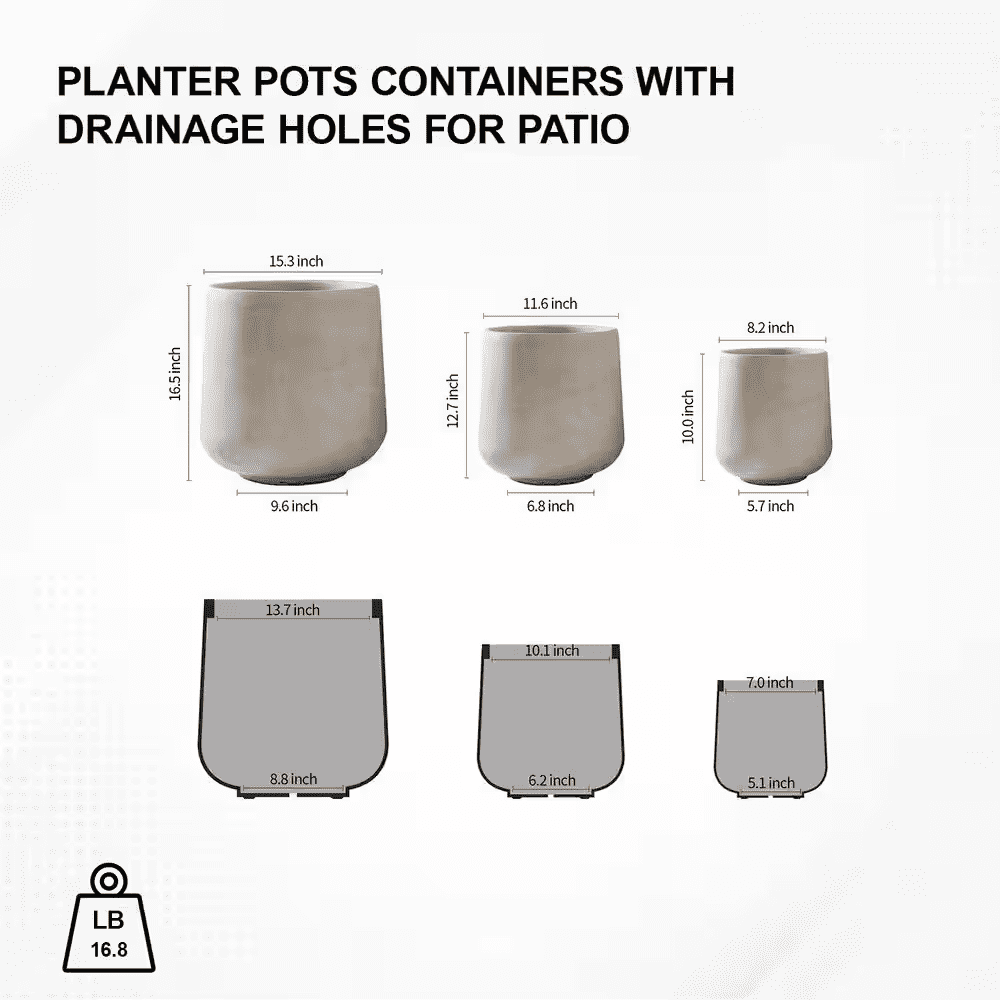 15.3 In. 11.6 In. 8.2 In. round Concrete Planters, Indoor/Outdoor Pots with Drainage Holes, Weathered Concrete - Image 9