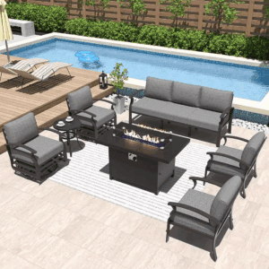 7-Seat Aluminum Patio Conversation Set with Armrest, Firepit Table, Swivel Rocking Chairs and Grey Cushions