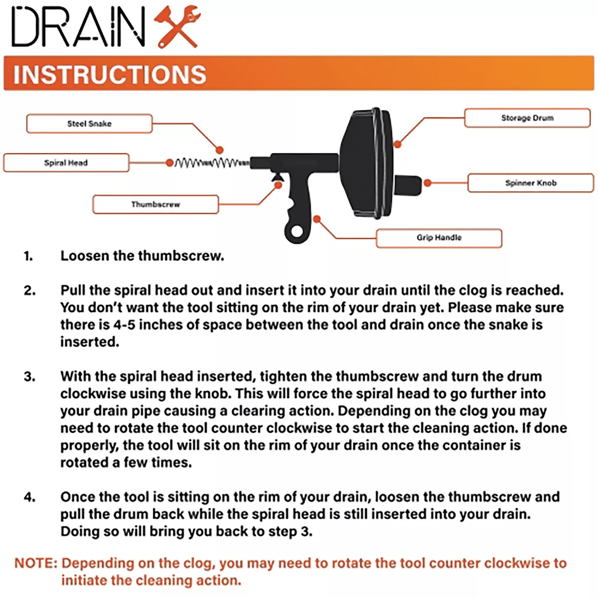 Drainx® Plumbing Snake Drain Auger, 16 Ft. in Orange - Image 5