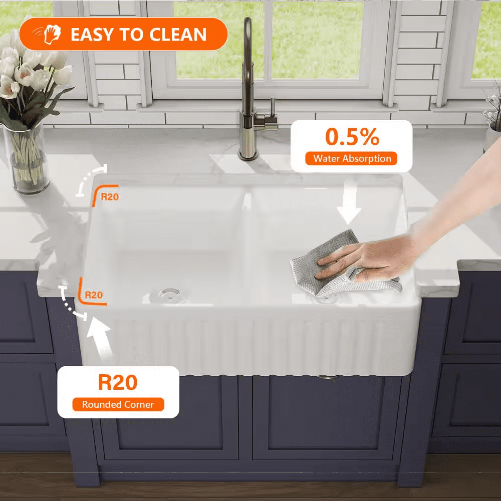 Eclipse White Ceramic 33 In. L 50/50 Rectangular Double Basin Farmhouse Apron Kitchen Sink with Grid and Strainer - Image 10