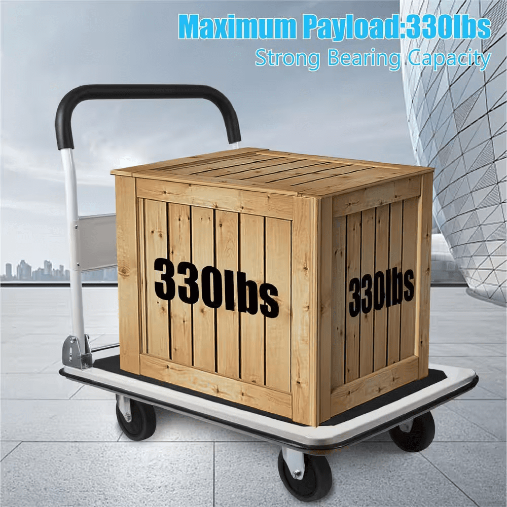 Foldable Push Cart, 330 Lbs. Capacity, 4-Wheel Flatbed Hand Truck, White Platform Dolly for Transport - Image 3