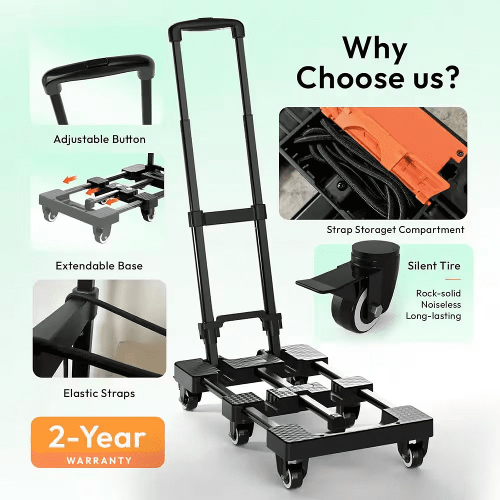 Heavy-Duty 6-Wheel Folding Hand Truck, 500 Lbs. Capacity Dolly Cart with Elastic Ropes for Moving, Travel and Storage - Image 2