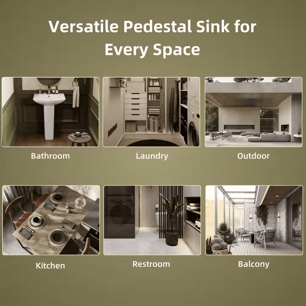 24 W X 19 D In. Pedestal Sink, White Rectangular Ceramic Freestanding Sink with Overflow and 1 Pre-Drilled Faucet Hole - Image 2