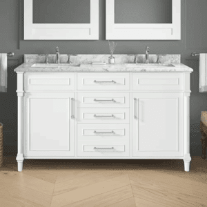 Aberdeen 60 In. Double Sink Freestanding White Bath Vanity with Carrara Marble Top (Assembled)