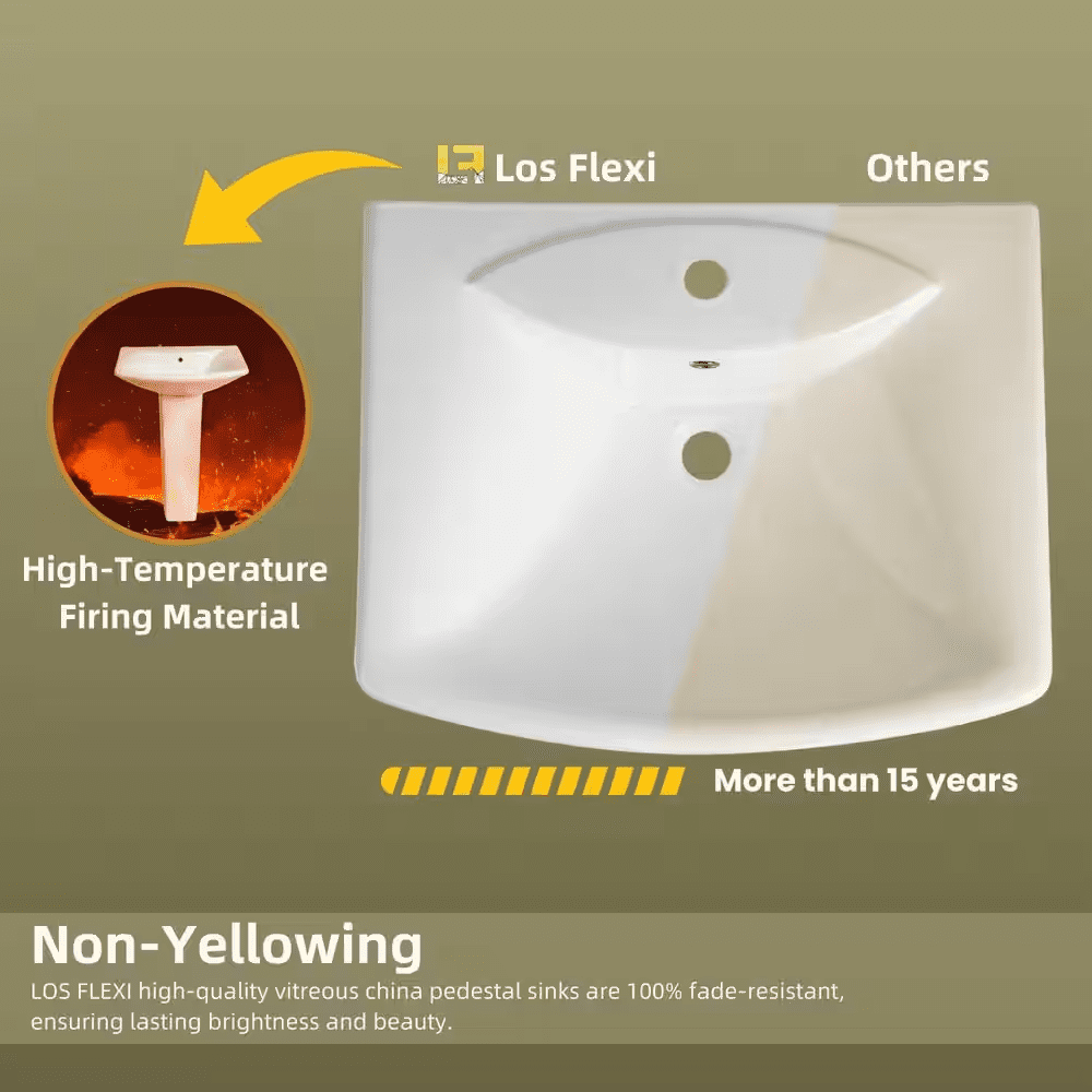 24 W X 19 D In. Pedestal Sink, White Rectangular Ceramic Freestanding Sink with Overflow and 1 Pre-Drilled Faucet Hole - Image 11