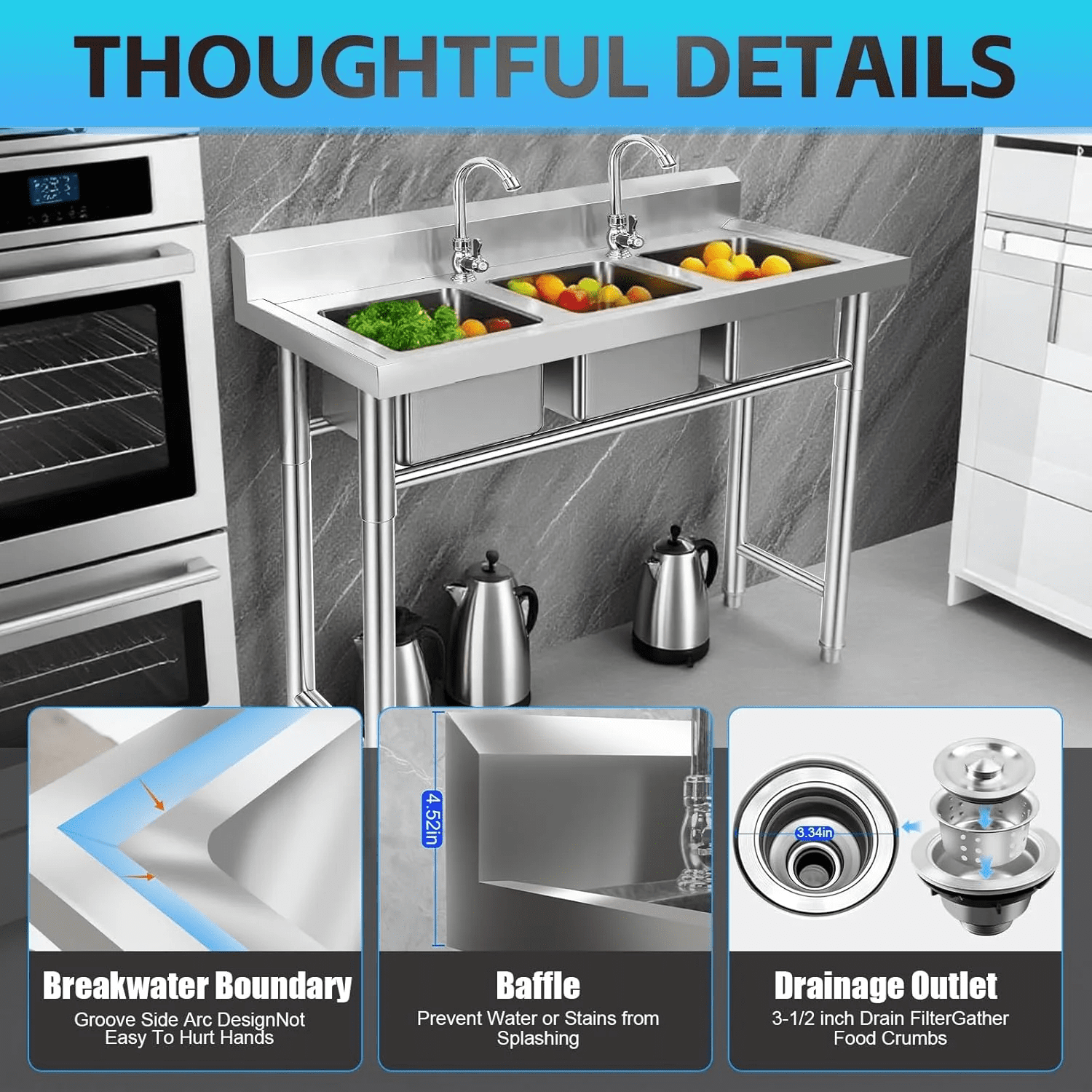 3-Compartment Sink, 39'' X 18'' X 36'' Stainless Steel Utility Sink, Free Standing Three Bowl Kitchen Sink Set with 2 Faucets Hot & Cold Water Pipes for Food Truck, Bar, Restaurant - Image 3