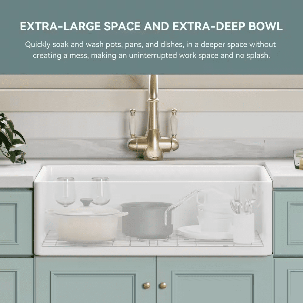 White Fireclay 33 In. Single Bowl Kitchen Sink Farmhouse Apron Front with Bottom Grid and Strainer - Image 6