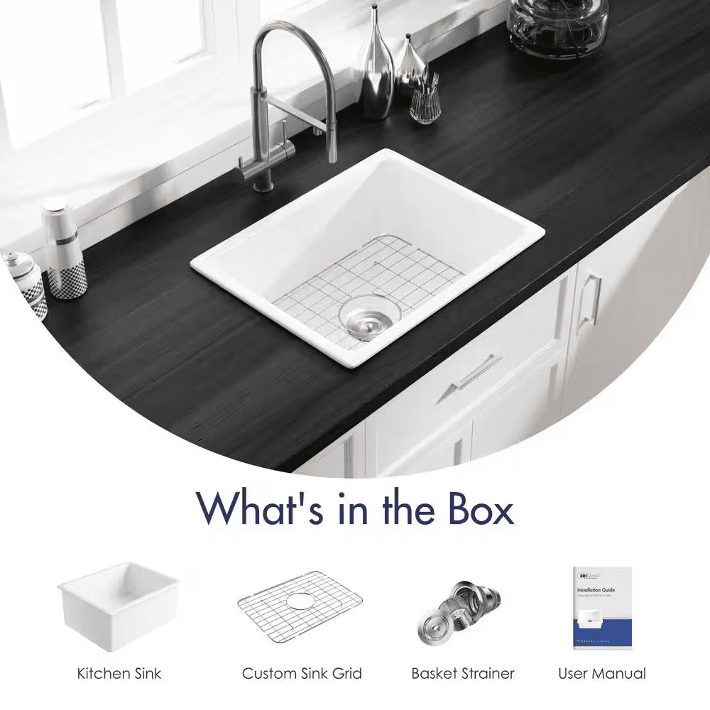 Oslo 24 In. Undermount Single Bowl White Ceramic Kitchen Sink with Bottom Grid and Basket Strainer - Image 10