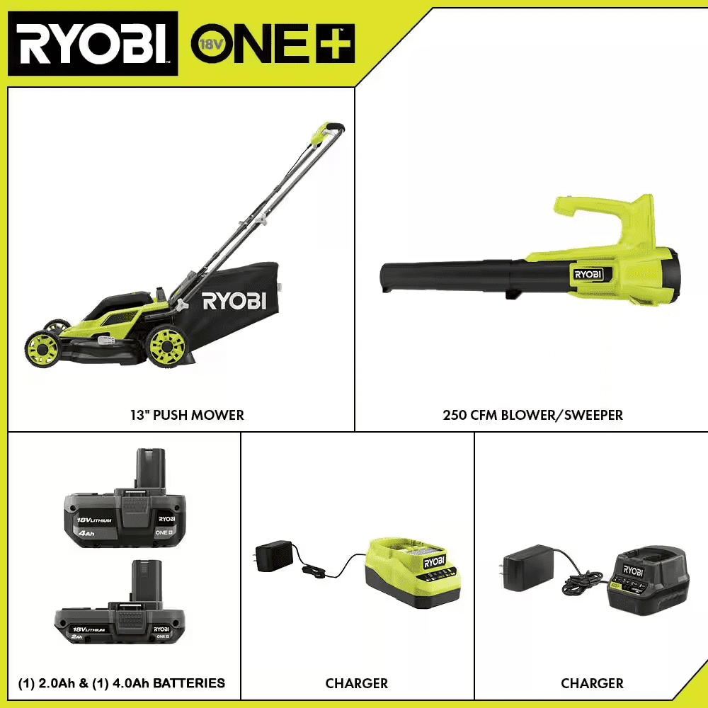 ONE+ 18V 13 In. Cordless Battery Walk behind Push Lawn Mower and 250 CFM Blower with (2) Batteries and (2) Chargers - Image 2
