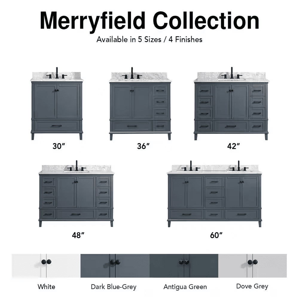 Merryfield 43 In. Single Sink Dark Blue-Grey Bath Vanity with White Carrara Marble Top (Assembled) - Image 13