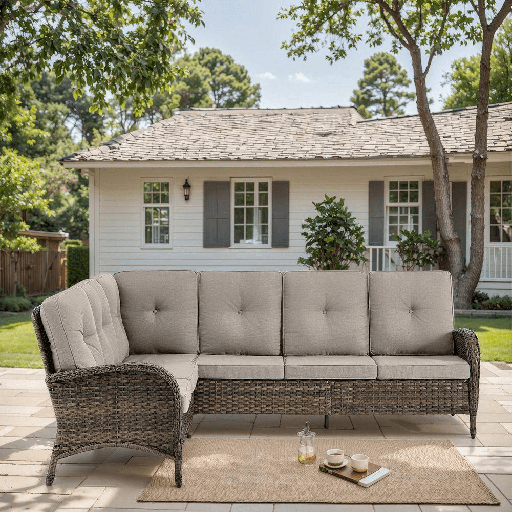 Carlos 8-Piece All-Weather Brown Wicker Patio Conversation Set with Beige Cushions and Coffee Table - Image 5